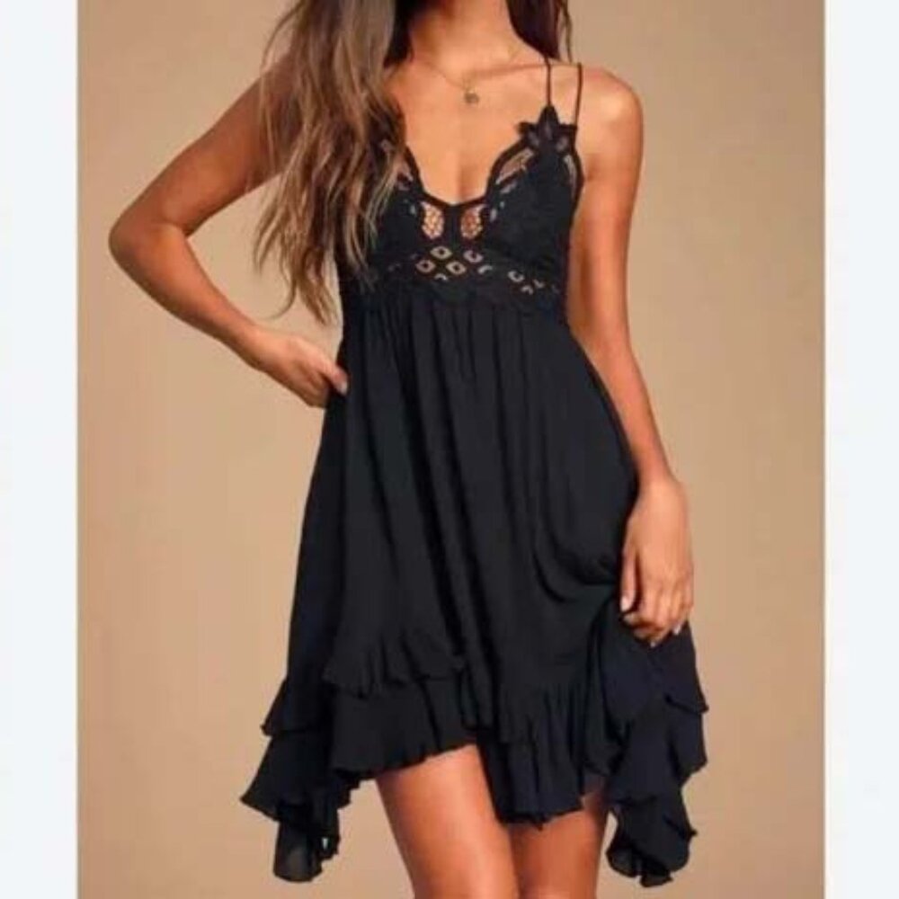 Free People FP One Adella Slip Mini Black Ruffles Lace Dress